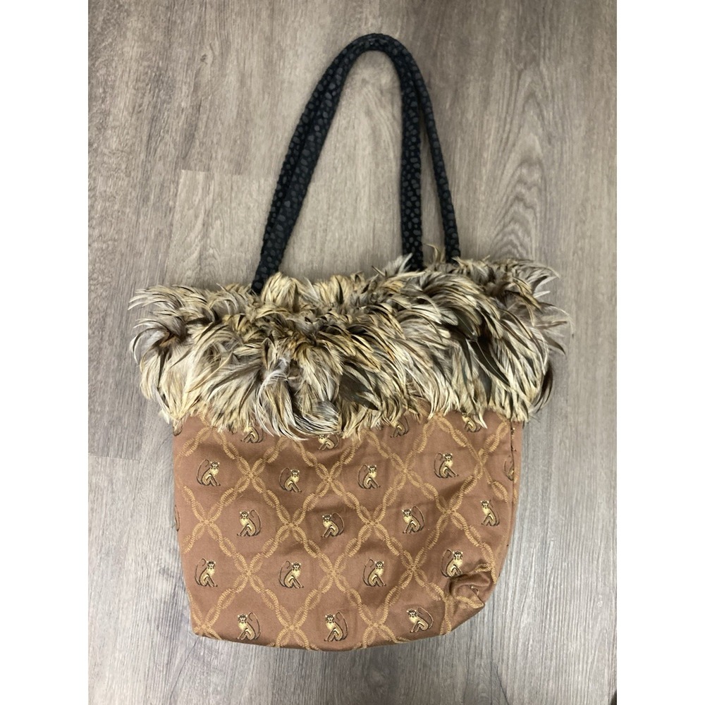 Reversible‎ Feather Trim Monkey Print Boho Shoulder Bag Festival Statement Purse